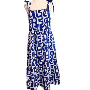 Anthropologie THML Sleeveless Midi Dress White Blue  Tie Strap Summer Casual M